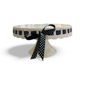 Grace Pantry Pedestal Cake Stand Ivory Ceramic Black White Polka Dot Ribbon